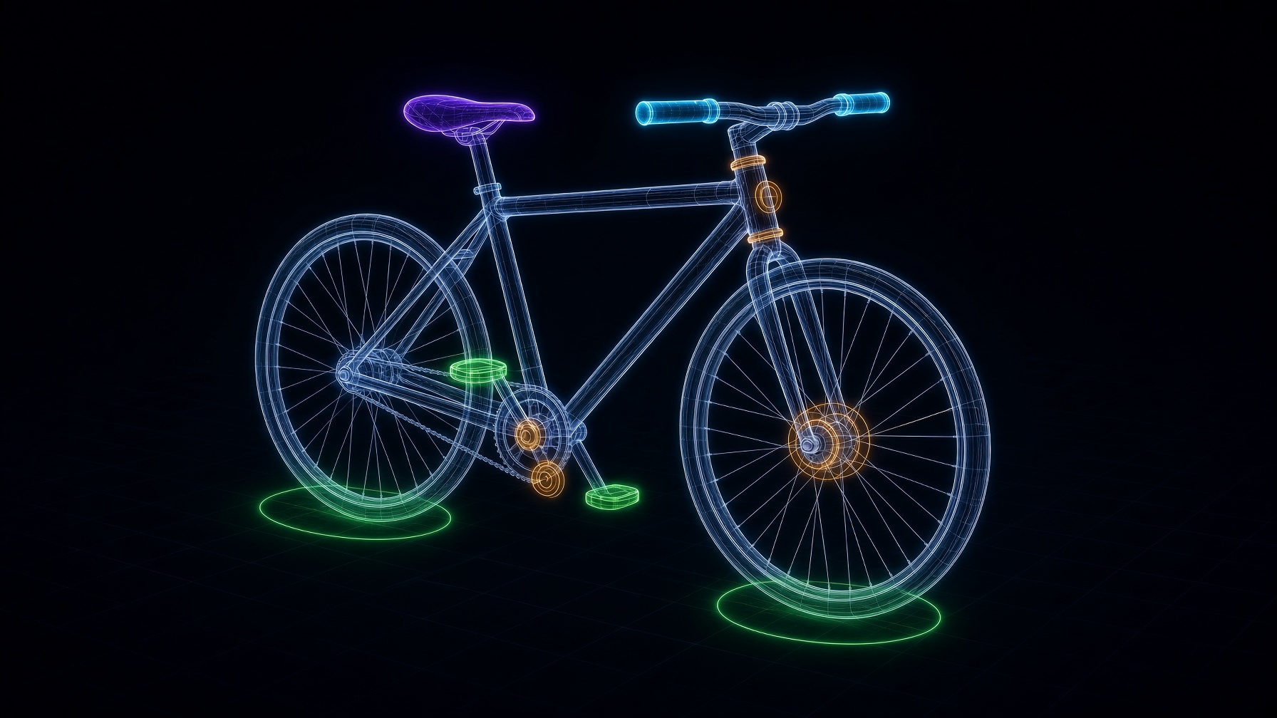 A hologram bicycle with its compiled action surfaces highlighted: two grips, the saddle, two pedals, both tire contact bands, the crank, the front hub and the headset.